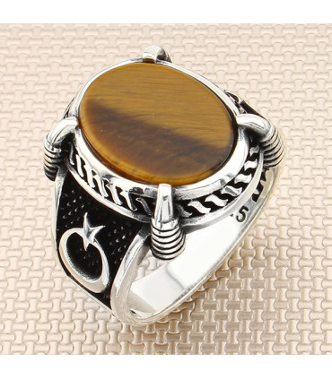 Yuvarlak Pençe Tırnaklı Ay Yıldız Taşlı Gümüş Erkek Yüzük