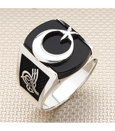 Ay Yıldız Alt Taşlı Yan Tuğralı Taşlı Gümüş Erkek Yüzük