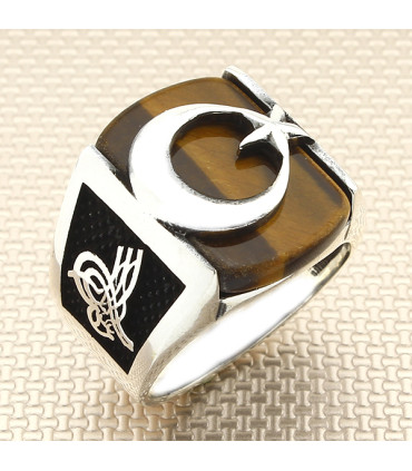 Ay Yıldız Alt Taşlı Yan Tuğralı Taşlı Gümüş Erkek Yüzük