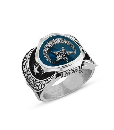 Ayyıldız Mineli Taşsız Gümüş Erkek Yüzük