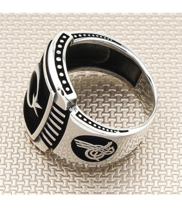 Ay Yıldız Yan Çizgili Tuğralı Taşsız Gümüş Erkek Yüzük