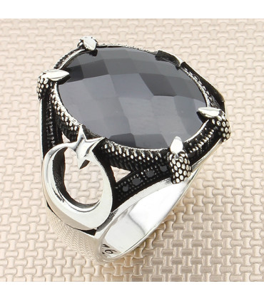 Pençe Tırnaklı Taşlı Ay Yıldız Gümüş Erkek Yüzük