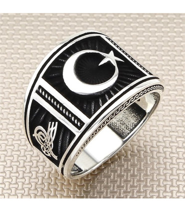 Bombeli Ay Yıldız Yan Tuğralı Taşsız Gümüş Erkek Yüzük