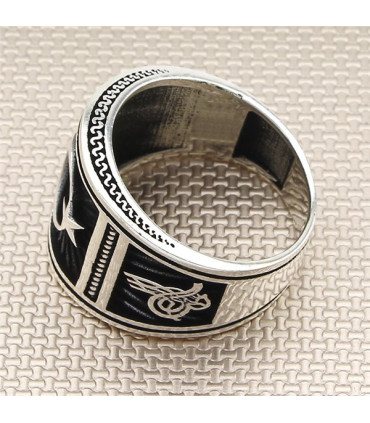 Bombeli Ay Yıldız Yan Tuğralı Taşsız Gümüş Erkek Yüzük