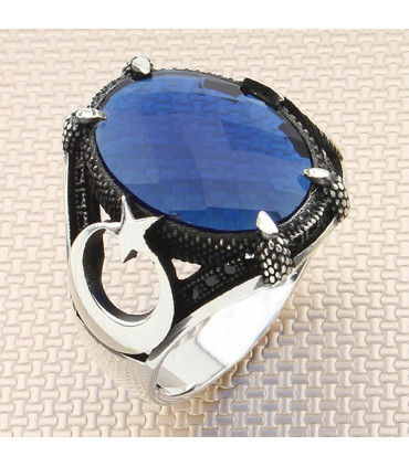 Pençe Tırnaklı Taşlı Ay Yıldız Gümüş Erkek Yüzük