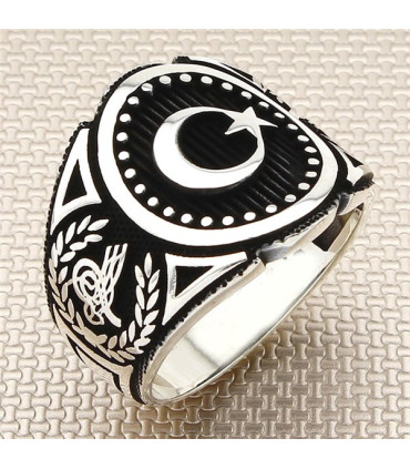Ay Yıldız Yuvarlak Noktalı Yan Defne Yaprağı Tuğralı Taşsız Gümüş Erkek Yüzük