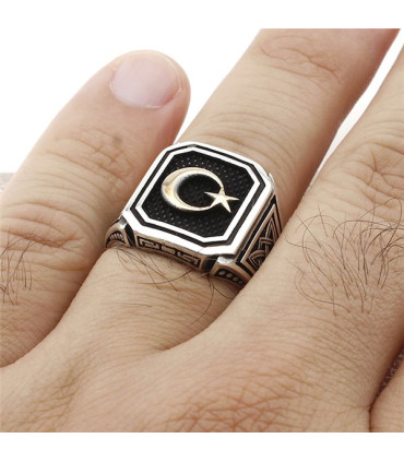 Kare Köşeli Ay Yıldız Taşsız Gümüş Erkek Yüzük