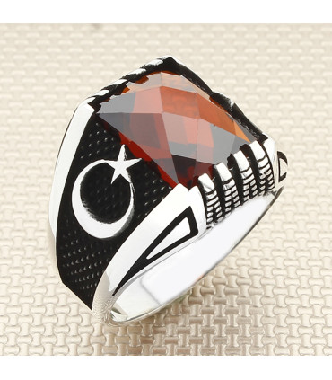 Kare Taşlı Ayyıldız Erkek Gümüş Yüzük