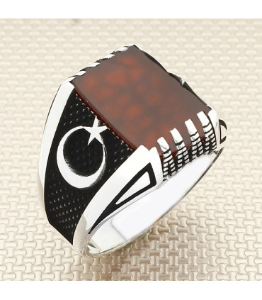 Kare Taşlı Ayyıldız Erkek Gümüş Yüzük