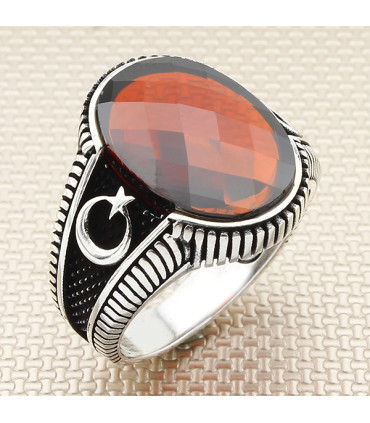 Oval Taşlı Yan Ay Yıldız Çizgili Gümüş Erkek Yüzük