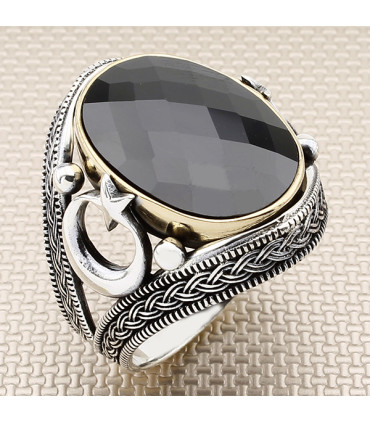 Taşlı Yan Ayyıldız Örgü Desenli Gümüş Erkek Yüzük