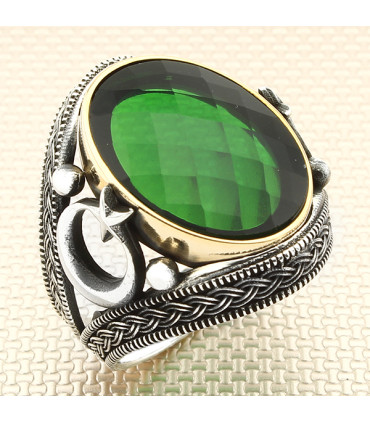 Taşlı Yan Ayyıldız Örgü Desenli Gümüş Erkek Yüzük