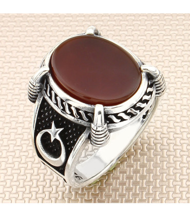 Yuvarlak Pençe Tırnaklı Ay Yıldız Taşlı Gümüş Erkek Yüzük