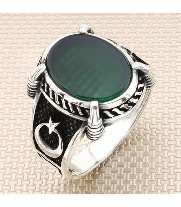 Yuvarlak Pençe Tırnaklı Ay Yıldız Taşlı Gümüş Erkek Yüzük