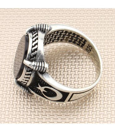 Yuvarlak Pençe Tırnaklı Ay Yıldız Taşlı Gümüş Erkek Yüzük