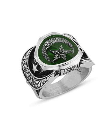 Ayyıldız Mineli Taşsız Gümüş Erkek Yüzük