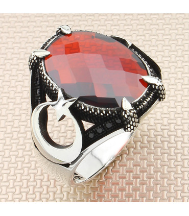 Pençe Tırnaklı Taşlı Ay Yıldız Gümüş Erkek Yüzük