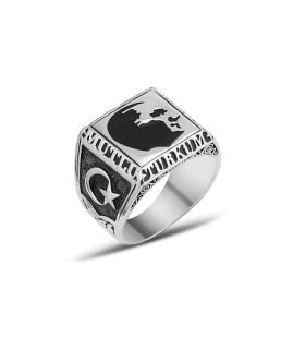 Atatürk Silüet Yan Ay Yıldız Gümüş Taşsız Erkek Yüzük