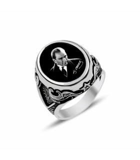 Siyah Beyaz Resimli Atatürk Taşsız Gümüş Erkek Yüzük