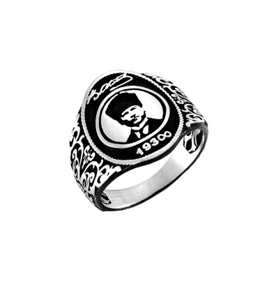 Oval Kasa Atatürk Kalpaklı Siliüet İmzalı Taşsız Gümüş Yüzük