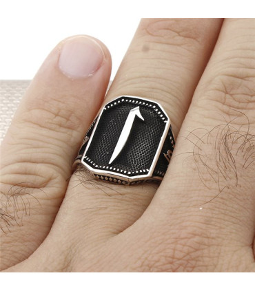 Elif Harfi Yan Tuğralı Sade Taşsız Gümüş Erkek Yüzük a1022