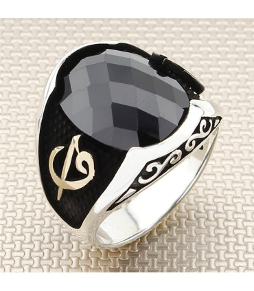 Oval Taşlı Elif Vav Gümüş Erkek Yüzük a1026