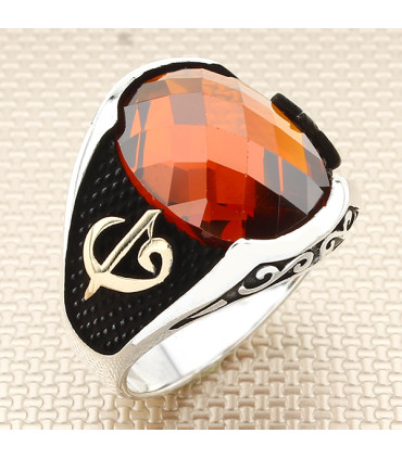 Oval Taşlı Elif Vav Gümüş Erkek Yüzük a1026
