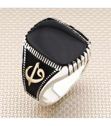 Elif Vav Harfli Sade Düz Taşlı Gümüş Erkek Yüzük a1027