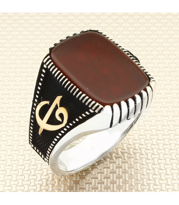 Elif Vav Harfli Sade Düz Taşlı Gümüş Erkek Yüzük a1027