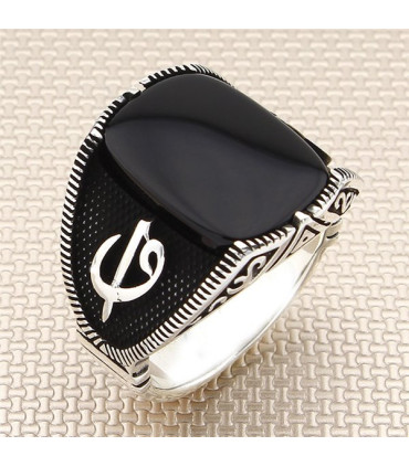 Vav Elif Harfli Kenar Motifli Sade Düz Taşlı Gümüş Erkek Yüzük a1028