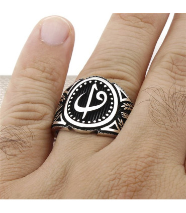 Arapça Elif Vav Oval Kasa Taşsız Gümüş Erkek Yüzük a1033