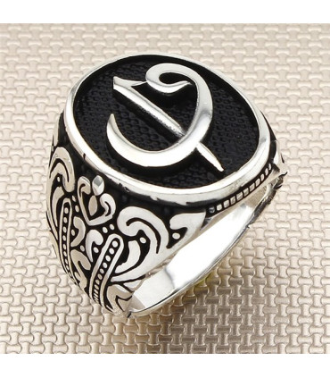 Oval Kasa Arapça Elif  Vav Harfi Gümüş Taşsız Erkek Yüzük a1036