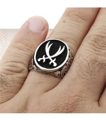 Oval Kasa Çift Zülfikar Hz Ali Kılıç Gümüş Taşsız Erkek Yüzük a1038