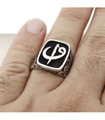 Elif Vav Dikdörtgen Kasa Taşsız Gümüş Erkek Yüzük a1039