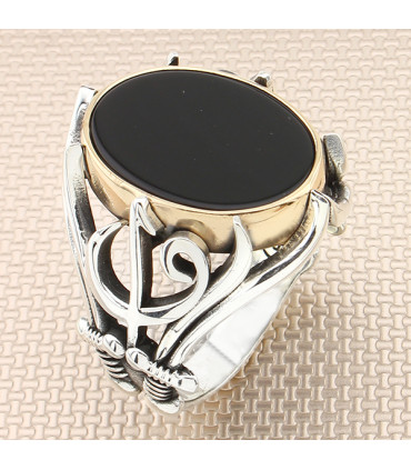 Kılıç Elif Vav Simgeli Taşlı Gümüş Erkek Yüzük a1048