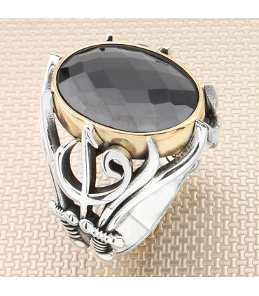 Kılıç Elif Vav Simgeli Taşlı Gümüş Erkek Yüzük a1048