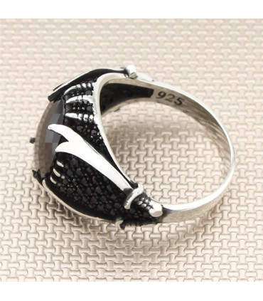 Zülfikar İki Kılıç Mikro Siyah Taşlı Gümüş Erkek Yüzük a1052