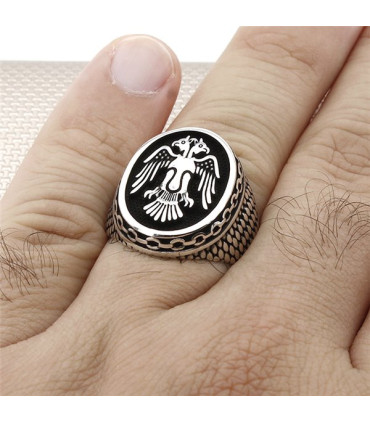 Selçuklu Kartalı Zincir Desenli Gümüş Taşsız Erkek Yüzük