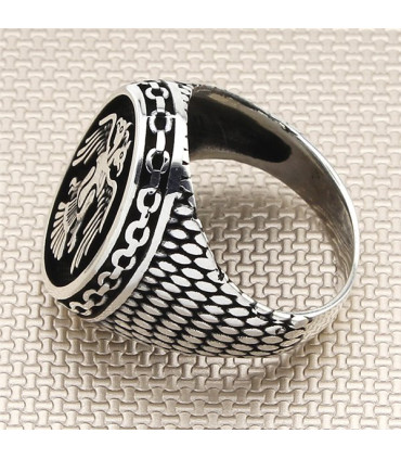 Selçuklu Kartalı Zincir Desenli Gümüş Taşsız Erkek Yüzük