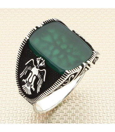 Yanları Çift Başlı Kartal Sade Taşlı Gümüş Erkek Yüzük