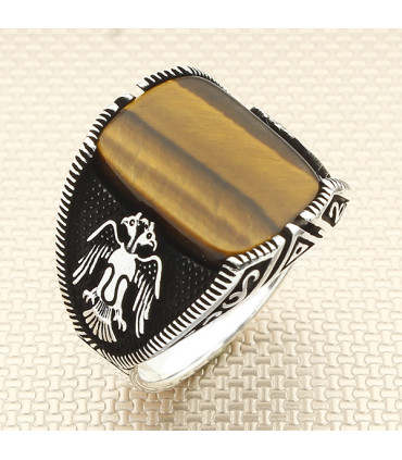 Yanları Çift Başlı Kartal Sade Taşlı Gümüş Erkek Yüzük