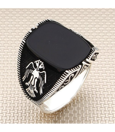 Yanları Çift Başlı Kartal Sade Taşlı Gümüş Erkek Yüzük