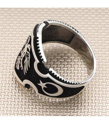 Taşsız Çift Başlı Kartal Yan Ayyıldız Gümüş Erkek Yüzük