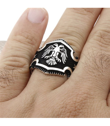 Taşsız Çift Başlı Kartal Yan Ayyıldız Gümüş Erkek Yüzük