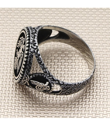 Yuvarlak Kasa Çift Başlı Kartal Yan Tuğralı Taşsız Yüzük