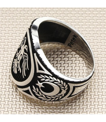 Oval Kasa Çift Başlı Kartal Yan Ay Yıldız Desenli Taşsız Yüzük