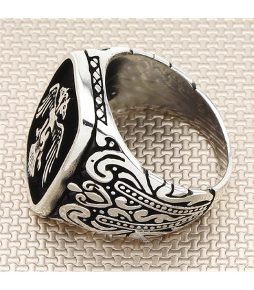 Motifli Çift Başlı Selçuklu Kartalı Erkek Yüzük