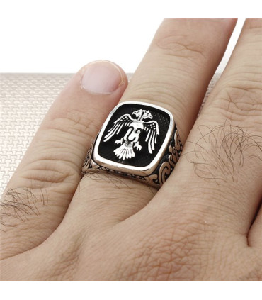 Motifli Çift Başlı Selçuklu Kartalı Erkek Yüzük