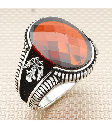 Yanları Selçuklu Kartalı Taşlı Gümüş Erkek Yüzük