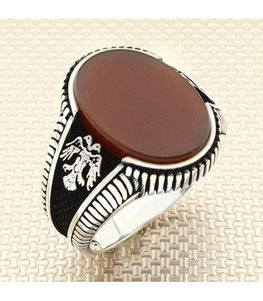 Yanları Selçuklu Kartalı Taşlı Gümüş Erkek Yüzük